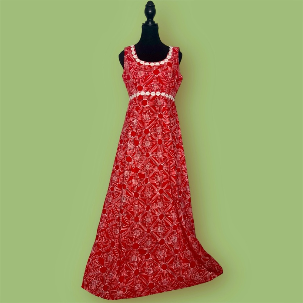Vintage 70s Handmade Red and White Maxi Dress with Flower Trim